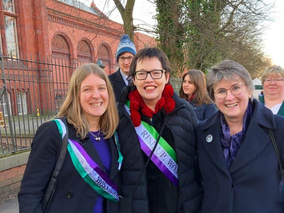 Briony Goulden, Hazel Reeves and Jean Calder at the Manchester unveiling of Hazels statue of Emmeline Pankhurst