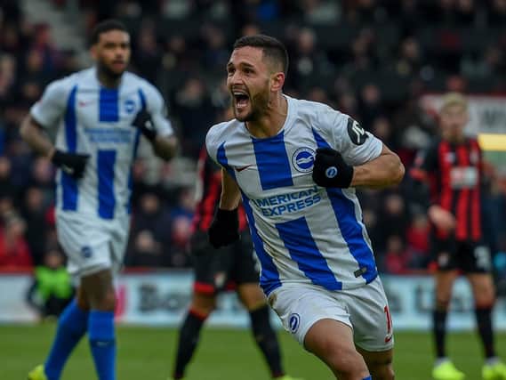 Florin Andone celebrates scoring in the third round win at Bournemouth. Picture by PW Sporting Photography