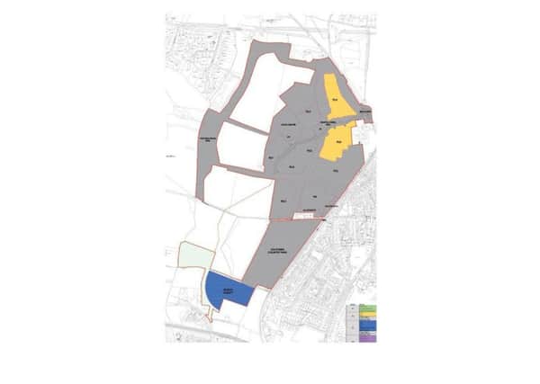 Part one of the Whitehouse Farm scheme. The first phase of housing development is shaded in yellow, with the location of the sports facilities in blue
