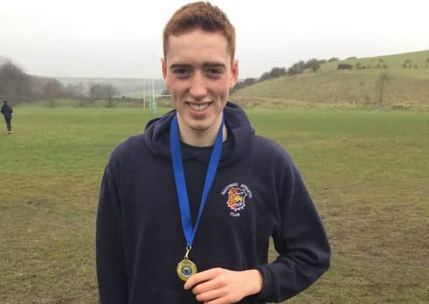 Isaac Elam after winning the intermediate boys' race at the Sussex Schools' Cross-Country Championships