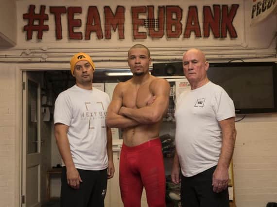 Chris Eubank Jr pictured with Nate Vasquez (left) and Ronnie Davies. Picture by Lawrence Lustig