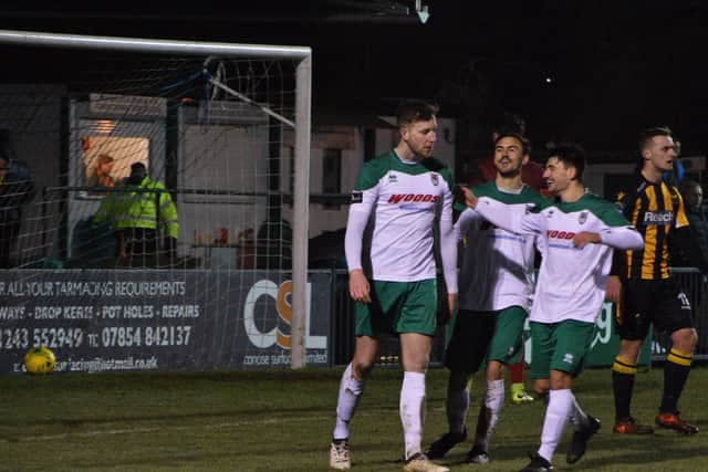 Jimmy Wild is congratulated on his second, which put Bognor 4-2 up / Picture by Darren Crisp