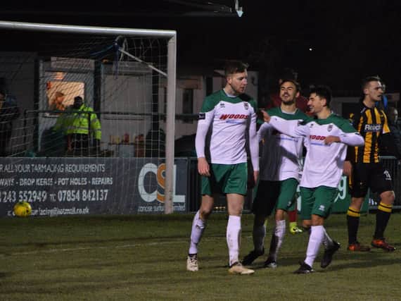 Jimmy Wild is congratulated on his second, which put Bognor 4-2 up / Picture by Darren Crisp