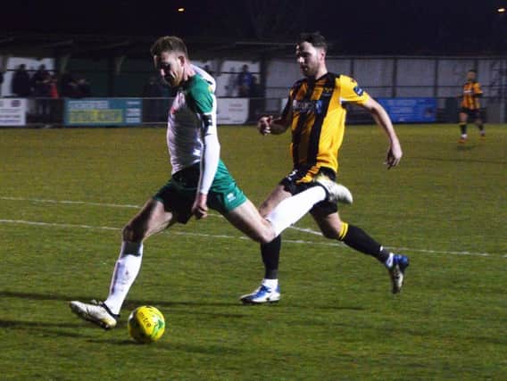 Jimmy Wild shoots at goal as Bognor turn the screw against East Grinstead / Picture by Darren Crisp