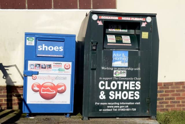 The green textile recycling bin at Cross Roads Rest Gardens in Southwick raises money for Adur Community Grants. Picture: Kate Shemilt ks190044-8
