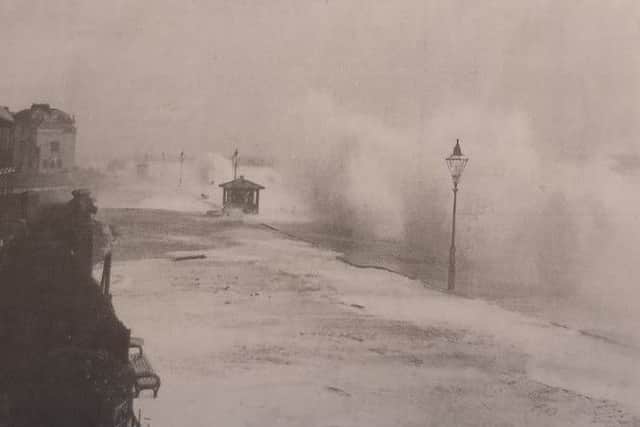 Waves pounding the promenade, east of Bognor pier, captured in 1899 by Mr Marsh