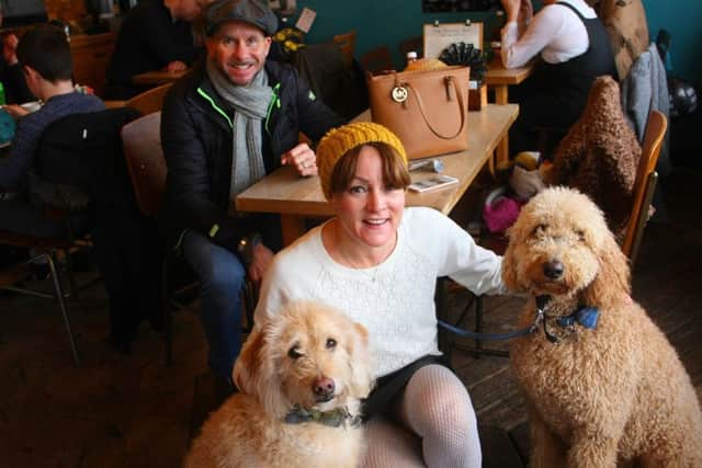 Customers Adrian and Paula Sharp and dogs Albert, left and Humprey