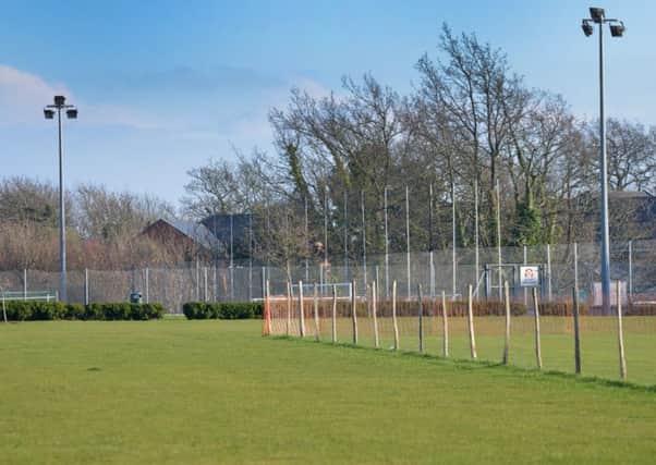 The cricket pitch in the foreground and sand-dressed artificial pitch in the background at Horntye Park Sports Complex