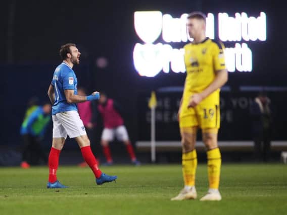 Brett Pitman celebrates his Pompey goal at Oxford - could he still end up as the Blues' top scorer? Picture: Joe Pepler