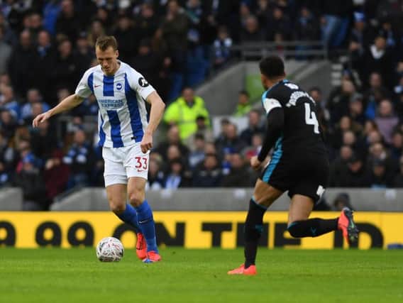 Brighton & Hove Albion defender Dan Burn made his debut for the Seagulls in their fourth round FA Cup tie at home to West Bromwich Albion. All pictures by PW Sporting Photography.