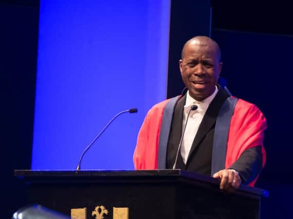 BBC broadcaster Clive Myrie receives an honorary doctorate from the UNiversity of Sussex (Photograph: Tunde Alabi-Hundeyin)