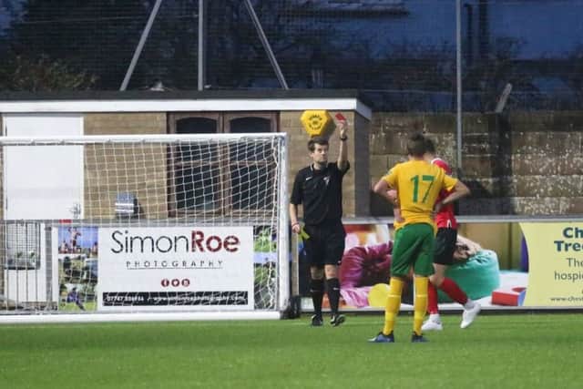 Horsham v Ramsgate. Rob Saunders is shown a second yellow and red card. Picture by John Lines