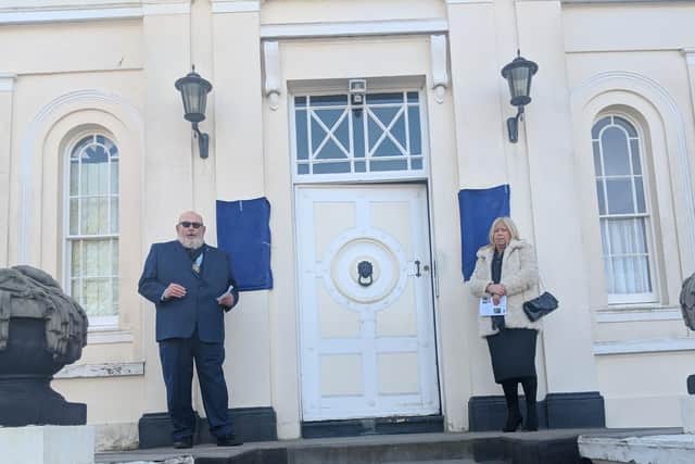 Worthing mayor Paul Baker and Susan Belton, Worthing Society chairman, before unveiling the plaques