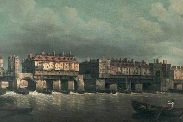Old London Bridge much as it would have looked in 1450 at the time of Jack Cades Rebellion. Many men from Sussex joined Cades army and would have fought on the bridge against Londoners angry with rebels who had resorted to looting and arson in the city.