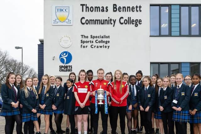 Crawley Wasps players with the Women's FA Cup at Thomas Bennett Community College in Crawley. Picture by Ben Davidson