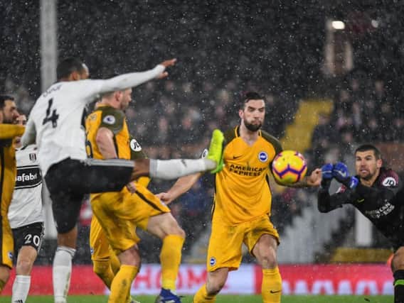 Brighton keeper Mathew Ryan looks to clear a Fulham attack. Picture by PW Sporting Photography