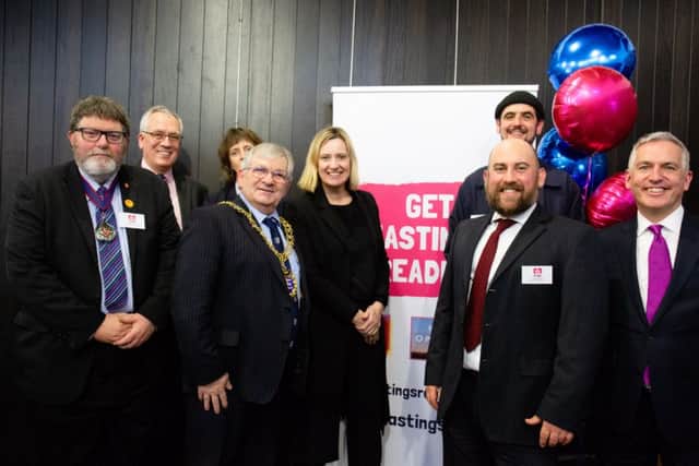 The launch of Get Hastings Reading. L-R: Cllr Peter Pragnell, Richard Meddings, Becky Shaw, Cllr Nigel Sinden, The Rt Hon Amber Rudd, Graeme Quinnell, Lucas Howard, and Jonathan Douglas. Photo by Caitlin Lock. SUS-190130-141712001