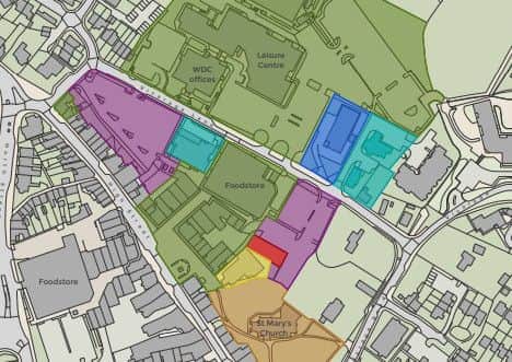 A bird\'s eye view of the site proposed and who owns the land. Green = owned by WDC, purple =Hailsham TC/War memorial trust, light blue = CCG, dark blue = BT, yellow = Hailsham club, red = Charles Hunt Centre and the orange/brown = Hailsham Parish Ch