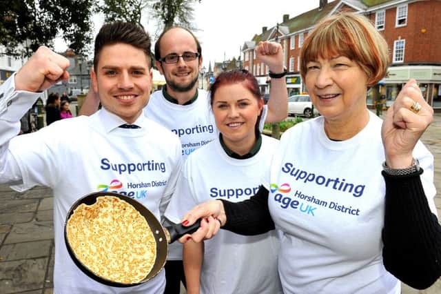 Pancake Races in Horsham. Marks and Spencer competing for Age UK. Pic Steve Robards SR1809742 SUS-181004-163458001