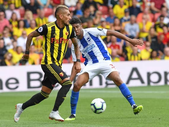 Roberto Pereyra on the ball under pressure from Bernardo in Watford's game with Brighton earlier this season. Picture by PW Sporting Photography