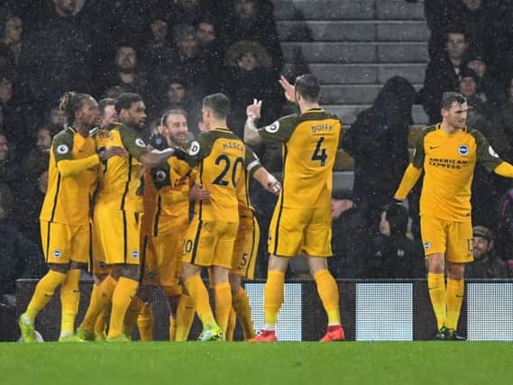 Brighton celebrate before it went horribly wrong at Craven Cottage. Picture by PW Sporting Photography