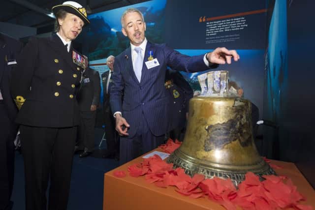 Her Royal Highness The Princess Royal pictured with David Mearns, Vice President of the HMS Hood Association during a tour of the National Museum of the Royal Navy (NMRN) exhibition 36 Hours: Jutland 1916, The Battle That Won The War at Portsmouth Historic Dockyard.
Picture date: Tuesday May 24, 2016.
Photograph by Christopher Ison ?
07544044177
chris@christopherison.com
www.christopherison.com SUS-160526-114922001