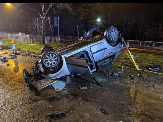 The overturned vehicle, tweeted by Crawley Fire Station. Pic: Crawley Fire Station