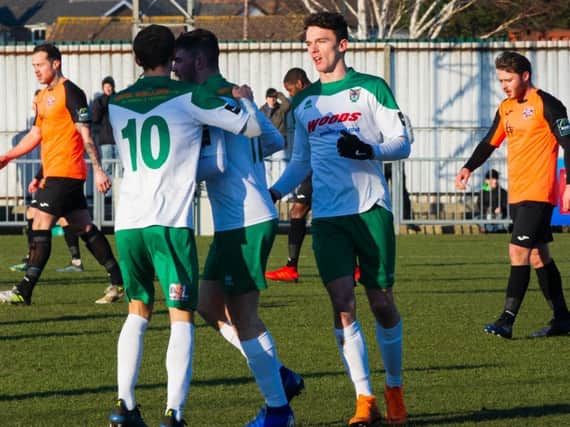 Bognor players celebrate after Brad Lethbridge's equaliser / Picture by Tommy McMillan