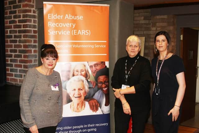Carly Snead, head of elder abuse recovery services, right, with Sussex volunteer co-ordinator Gail Shanahan and client Norma, left. Picture: Derek Martin DM1921110a