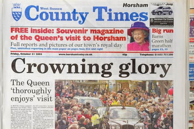West Sussex County Times. Edition 31st October 2003. HRH Queen's Royal visit to Horsham
Copypic Steve Robards SR1902807 SUS-190402-114330001