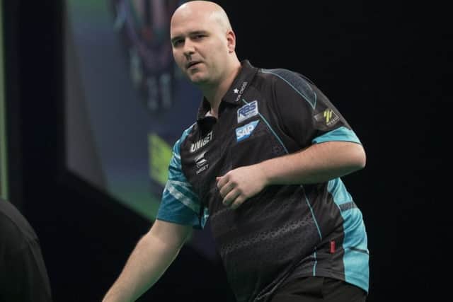 Rob Cross at the oche during the opening night of the 2019 Unibet Premier League. Picture courtesy Lawrence Lustig/PDC