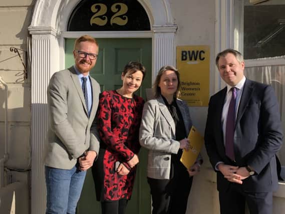 MPs Lloyd Russell Moyle and Caroline Lucas with Lisa Dando and Justice Minister Edward Argar at the Brighton Women's Centre