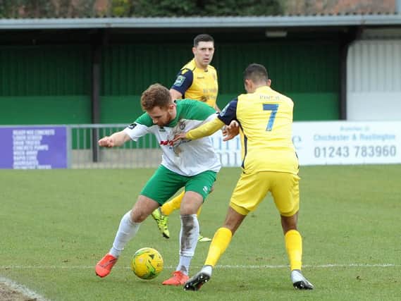 Theo Widdrington on the ball against Hornchurch - he scored the opener from the spot / Picture by Kate Shemilt