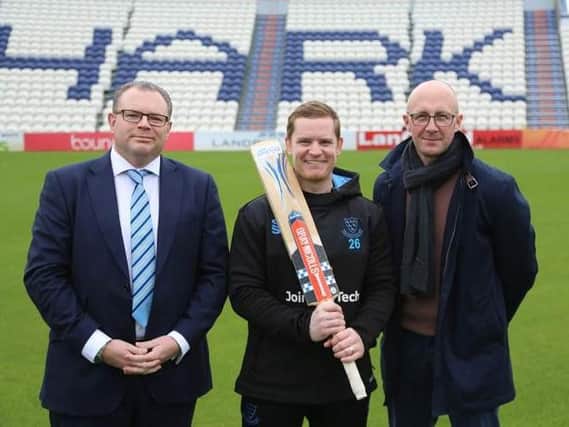 Gary Stanley, chairman of the Sussex Cricket League and a Sussex Cricket Board Member (left), and Nick Wilton, Gray-Nicolls brand manager (right) with Sussex Cricket club captain Ben Brown (centre), who also plays for Eastbourne in the premier division of the Sussex Cricket League. Photo: Sussex Cricket