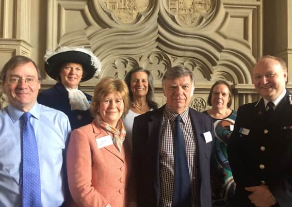 L-R: Harry Goring, High Sherrif of West Sussex Caroline Nicholls, Davina Irwin-Clark, Pip Goring, Sir Jeremy Cooke, Christine Laing QC and Giles York, Chief Constable of Sussex Police.