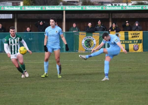 VCD Athletic v Horsham. Kieran Lavery fires home his first goal for the Hornets. Picture by John Lines