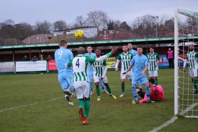 VCD Athletic v Horsham. Rob O'Toole heads home the third goal. Picture by John Lines