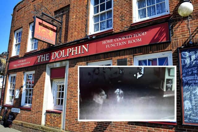 The Dolphin pub in Littlehampton, High Street. Inset: the CCTV footage featuring the alleged ghost