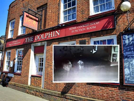 The Dolphin pub in Littlehampton, High Street. Inset: the CCTV footage featuring the alleged ghost
