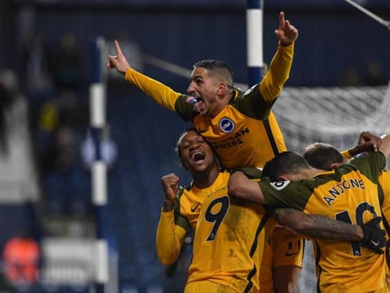 Brighton celebrate a goal in their FA Cup fourth round replay win at West Brom. Picture by PW Sporting Photography