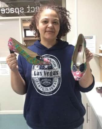 Learning thrifty shoe upcycling skills at Sheryl Hall's free Art Workshop held to raise awarness of Narcolepsy. SUS-191202-151410001