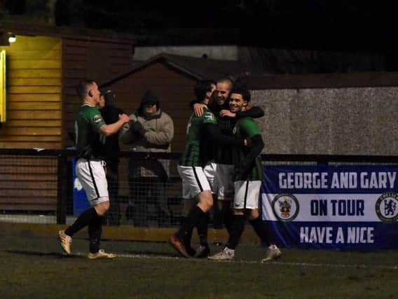 Dan Beck celebrates his winning goal against Eastbourne Borough. Picture by Chris Neal