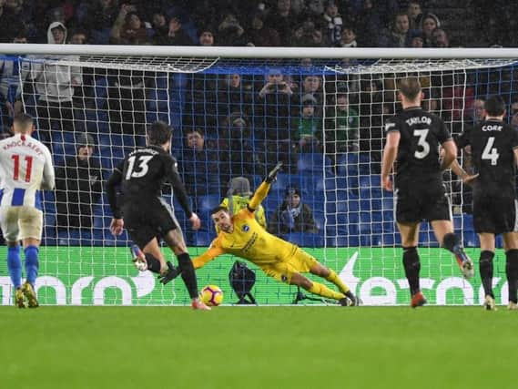 Brighton keeper Mathew Ryan is unable to keep out Ashley Barnes penalty on Saturday. Picture by PW Sporting Photography
