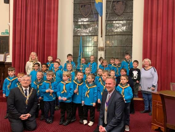 The 4th Hastings beavers on a visit to Hastings Town Hall with the Mayor, Cllr Nigel Sinden (left) and Deputy Mayor Cllr James Bacon SUS-190213-122128001