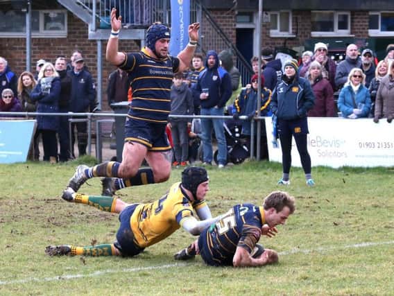 Harry Forrest forces his way over for Worthing Raiders against Henley Hawks. Picture: Warwick Baker