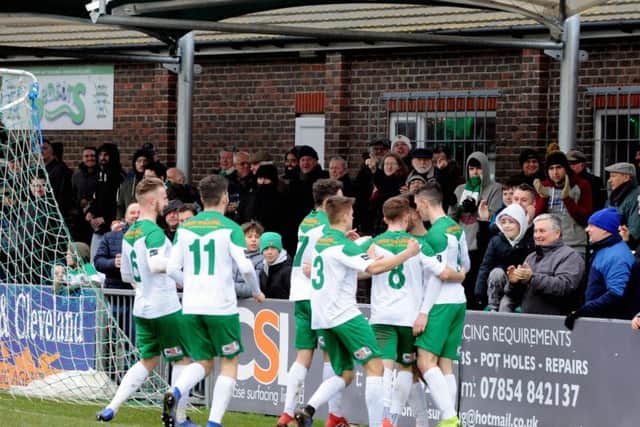 Bognor celebrate after Richard Gilot scores their second against Hornchurch / Picture by Kate Shemilt