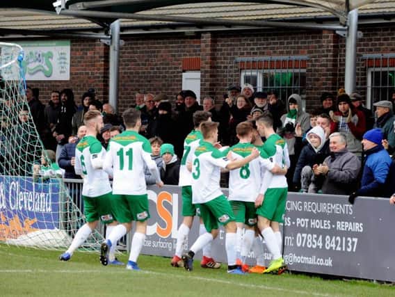 Bognor celebrate after Richard Gilot scores their second against Hornchurch / Picture by Kate Shemilt
