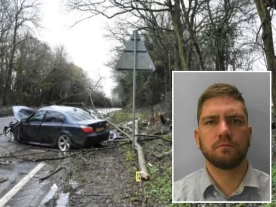 The crash scene and, inset, Shane Taylor. Image supplied by Sussex Police