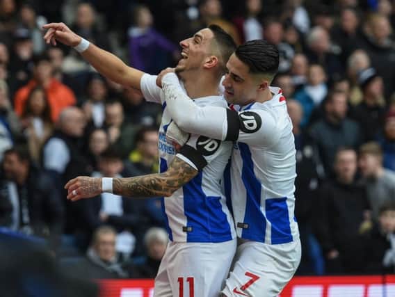Anthony Knockaert celebrates his goal with Beram Kayal. Picture by PW Sporting Photography