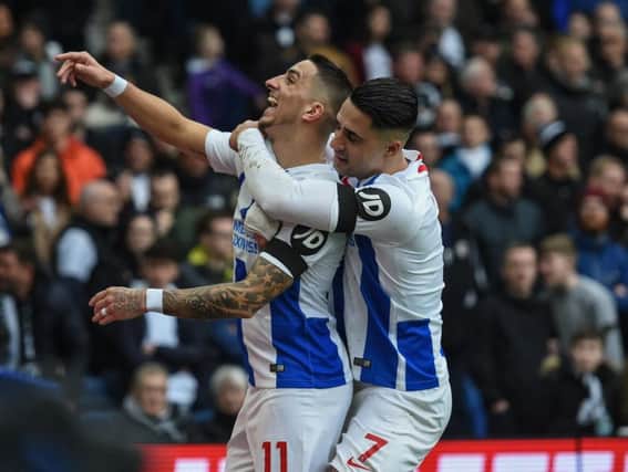 Anthony Knockaert and Beram Kayal celebrate after the former's goal against Derby County on Saturday. Picture by PW Sporting Photography
